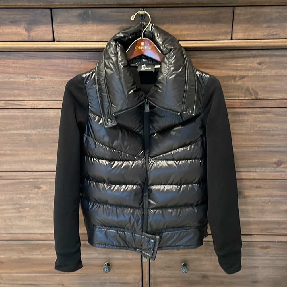 Women’s Moncler quilted down fleece front cardigan.